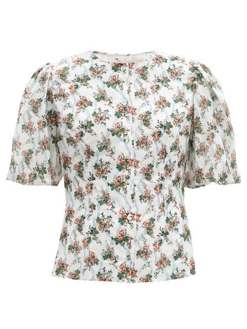 Matchesfashion.com Emilia Wickstead - Selena Puffed-sleeve Floral-print Cotton Top - Womens - White Multi