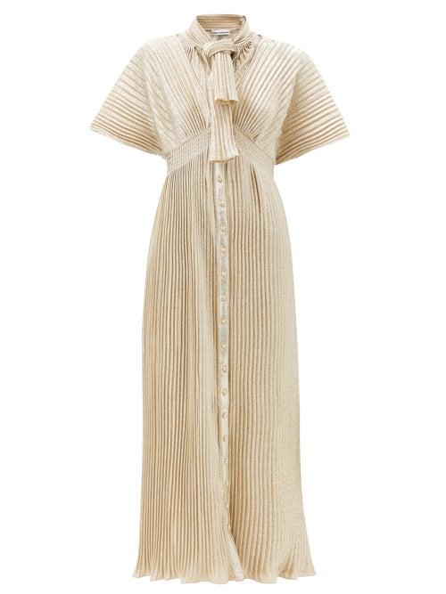 Matchesfashion.com Paco Rabanne - Tie-front Metallic-pliss Dress - Womens - Gold