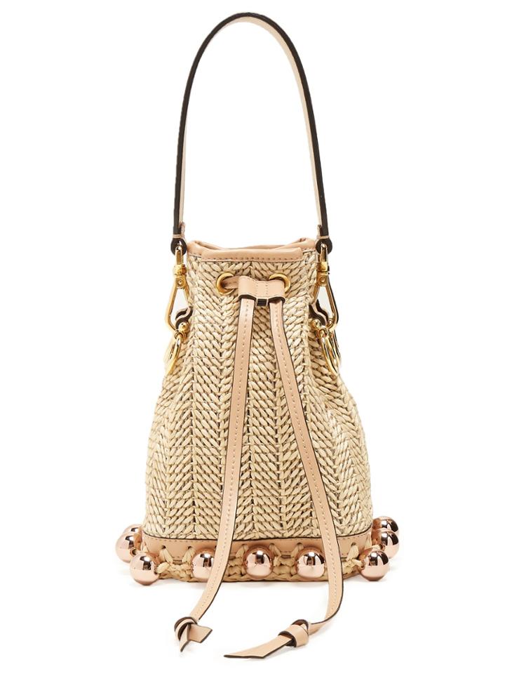 Fendi My Treasure Leather-trimmed Raffia Bucket Bag
