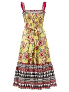 Matchesfashion.com La Doublej - Smocked Cartwheel-print Cotton-poplin Midi Dress - Womens - Yellow Multi