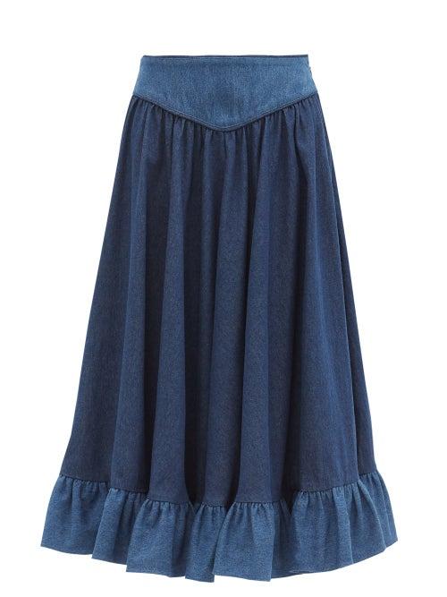 Matchesfashion.com Batsheva - High-rise Ruffled Denim Midi Skirt - Womens - Dark Denim