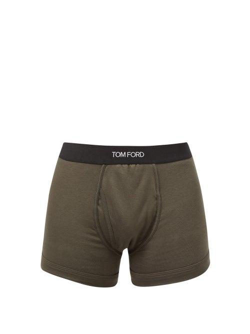 Tom Ford - Logo-jacquard Cotton-blend Jersey Trunks - Mens - Dark Khaki