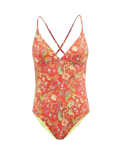 Etro - Love Rosso V-neck Paisley-print Swimsuit - Womens - Orange Print