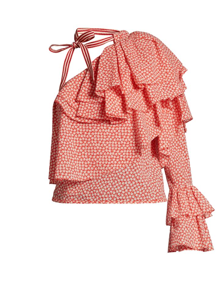 Rosie Assoulin Corkscrew Ruffled-shoulder Seersucker Top