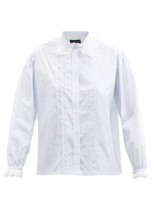 La Fetiche - Jane Broderie Anglaise-collar Poplin Blouse - Womens - Blue Stripe