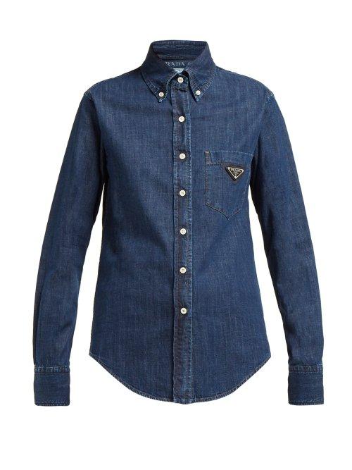 Matchesfashion.com Prada - Logo Plaque Cotton Chambray Shirt - Womens - Denim