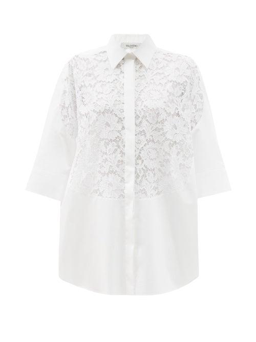 Ladies Rtw Valentino - Floral Guipure-lace And Cotton-poplin Shirt - Womens - White