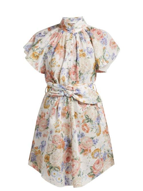Matchesfashion.com Zimmermann - Bowie Belted Floral Print Mini Dress - Womens - Cream Print