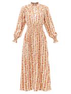 Loretta Caponi - Zaira Hand-smocked Floral-print Poplin Maxi Dress - Womens - Red Print