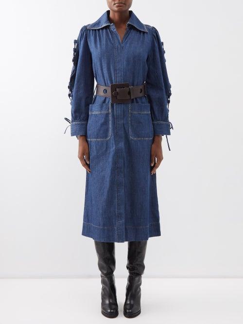 Sea - Fallon Lace-sleeve Denim Shirt Dress - Womens - Blue