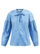 Lee Mathews - Franklin Tie-neck Cotton-blend Poplin Shirt - Womens - Blue
