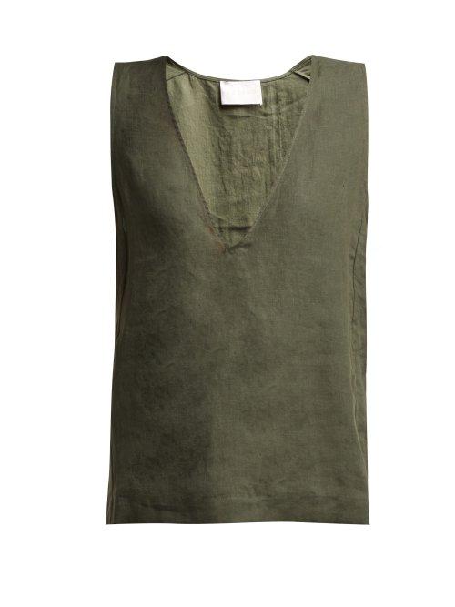 Matchesfashion.com Asceno - Deep V Neck Linen Top - Womens - Khaki