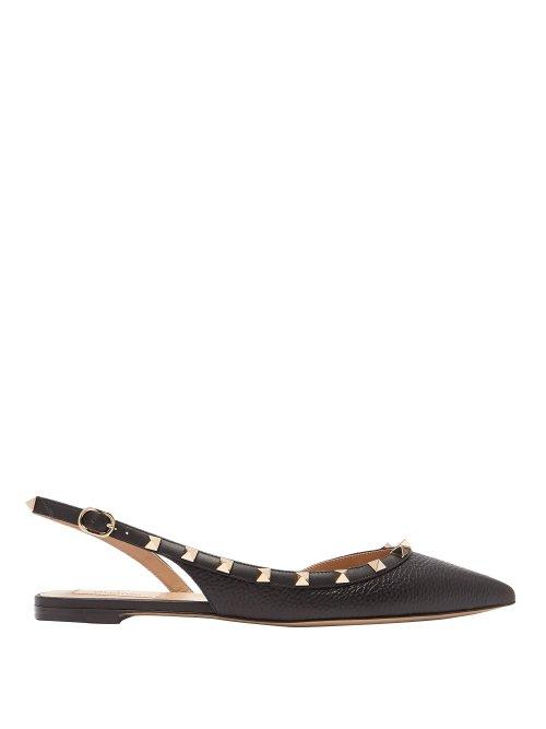 Matchesfashion.com Valentino - Rockstud Slingback Grained Leather Flats - Womens - Black