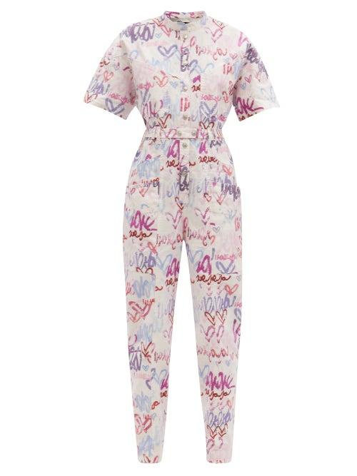 Matchesfashion.com Isabel Marant - Etundra Belted Graffiti-print Linen-blend Jumpsuit - Womens - White Print
