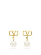 Matchesfashion.com Valentino Garavani - Faux-pearl V-logo Earrings - Womens - Gold