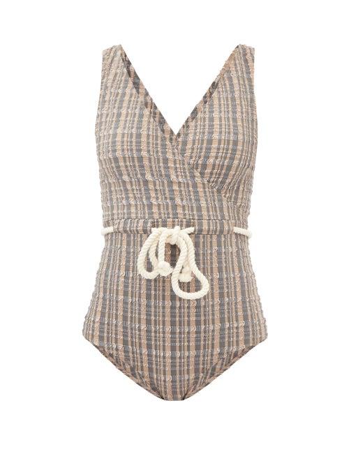 Matchesfashion.com Lisa Marie Fernandez - Yasmin Checked-seersucker Swimsuit - Womens - Brown Stripe