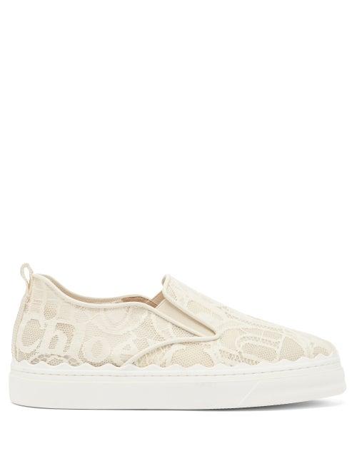 Matchesfashion.com Chlo - Lauren Scallop-edge Logo-lace Slip-on Trainers - Womens - Cream
