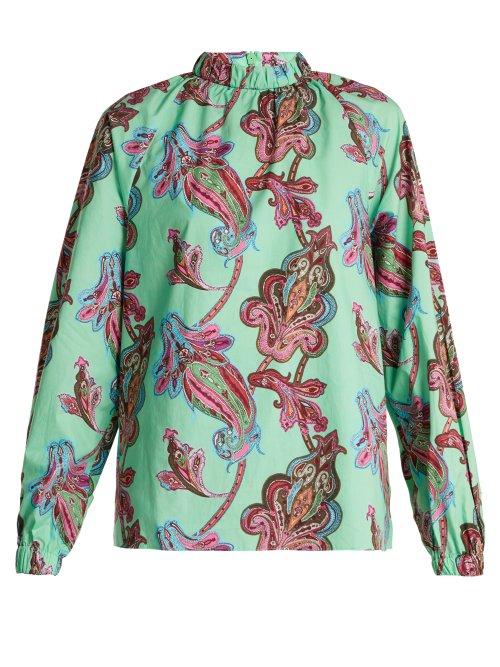 Matchesfashion.com Tibi - Shirred Neck Paisley Print Cotton Top - Womens - Green Multi