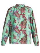 Matchesfashion.com Tibi - Shirred Neck Paisley Print Cotton Top - Womens - Green Multi