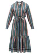 Ladies Rtw Saloni - Alexia Striped Appliqu Cotton Midi Dress - Womens - Green Multi