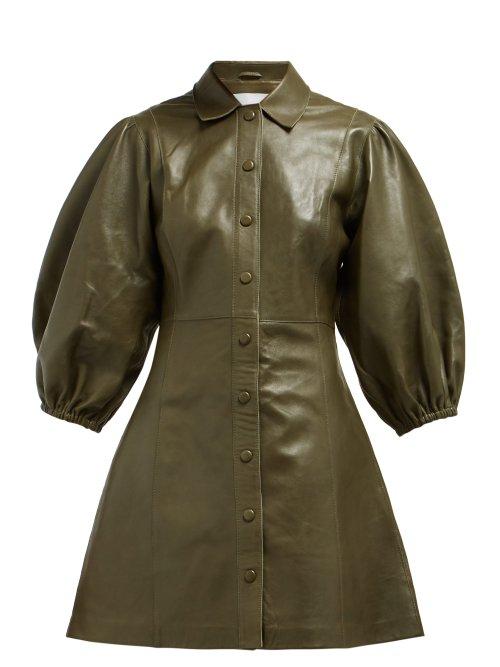 Matchesfashion.com Ganni - Mernati Puffed Sleeve Leather Dress - Womens - Khaki