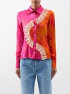 Ahluwalia - Kati Ruched-panel Printed-satin Shirt - Womens - Pink Orange