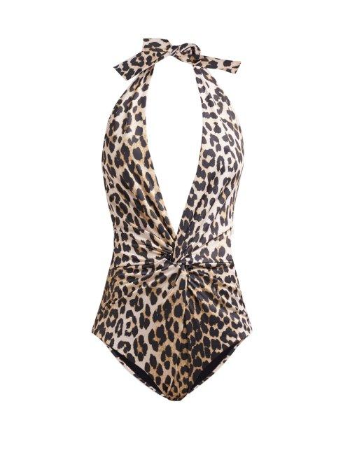 Matchesfashion.com Ganni - Rosedale Leopard Print Halterneck Swimsuit - Womens - Leopard