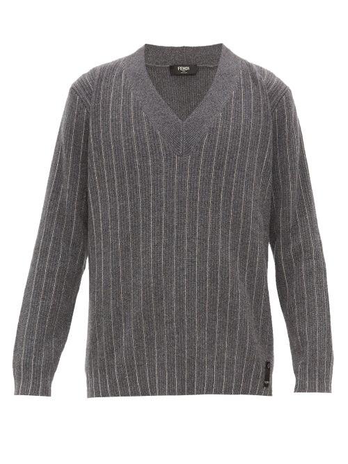 Matchesfashion.com Fendi - Chain Stripe V Neck Cashmere Sweater - Mens - Grey