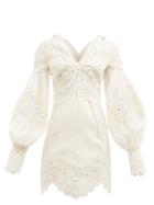 Zimmermann - Postcard Macram-lace Embroidered-voile Mini Dress - Womens - Cream