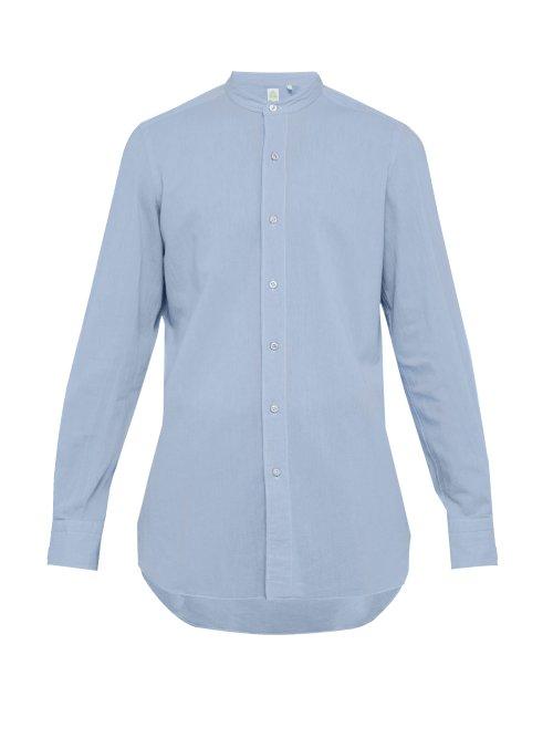 Matchesfashion.com Finamore 1925 - Lorenzo Band Collar Brushed Cotton Chambray Shirt - Mens - Blue