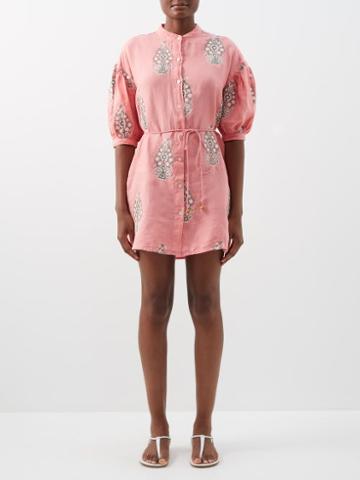 Hannah Artwear - Tulsi Puff-sleeve Embroidered-linen Mini Dress - Womens - Pink Print