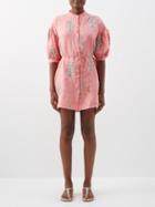 Hannah Artwear - Tulsi Puff-sleeve Embroidered-linen Mini Dress - Womens - Pink Print