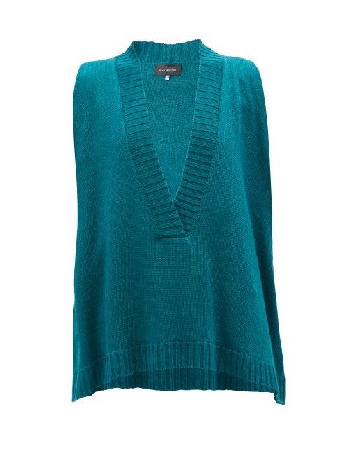 Eskandar - V-neck Flared Linen Sweater Vest - Womens - Blue