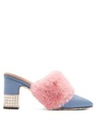 Matchesfashion.com Gucci - Faux Fur Embellished Satin Mules - Womens - Light Blue