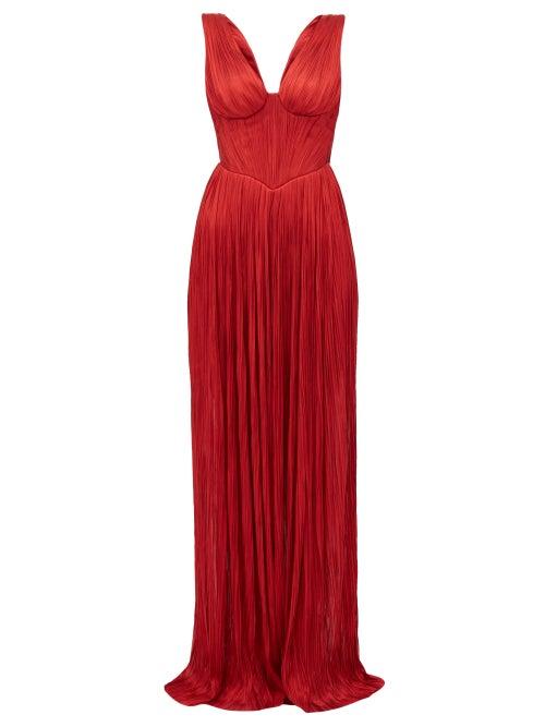 Matchesfashion.com Maria Lucia Hohan - Elysia Corseted Silk Chiffon Pliss Dress - Womens - Red