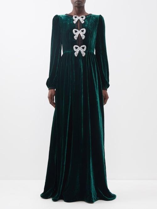 Saloni - Camille Crystal-bow Velvet Gown - Womens - Dark Green