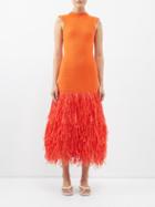 Aje - Rushes Ribbed-jersey Raffia Midi Dress - Womens - Orange