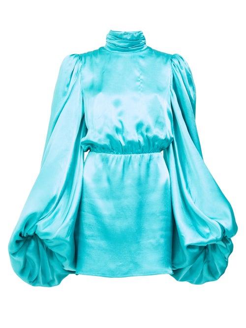 Matchesfashion.com The Attico - High-neck Balloon-sleeve Satin Mini Dress - Womens - Blue
