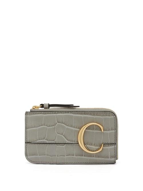 Matchesfashion.com Chlo - The C Logo Crocodile-effect Leather Cardholder - Womens - Grey