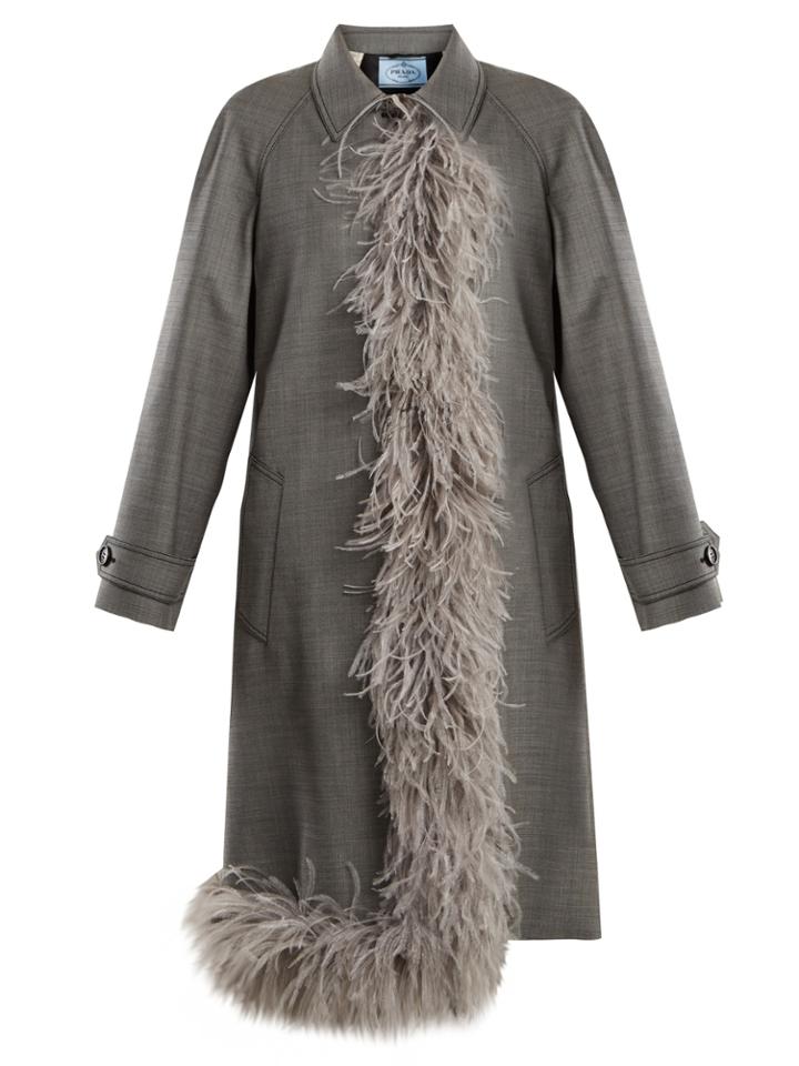 Prada Feather-trimmed Point-collar Wool-blend Coat