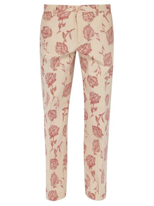 Matchesfashion.com Aries - Rose Print Cotton Twill Chino Trousers - Mens - Red White