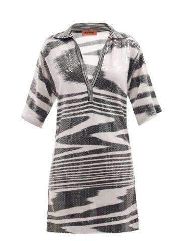 Matchesfashion.com Missoni - Sequinned Space-dyed Stripe Polo Mini Dress - Womens - Black White