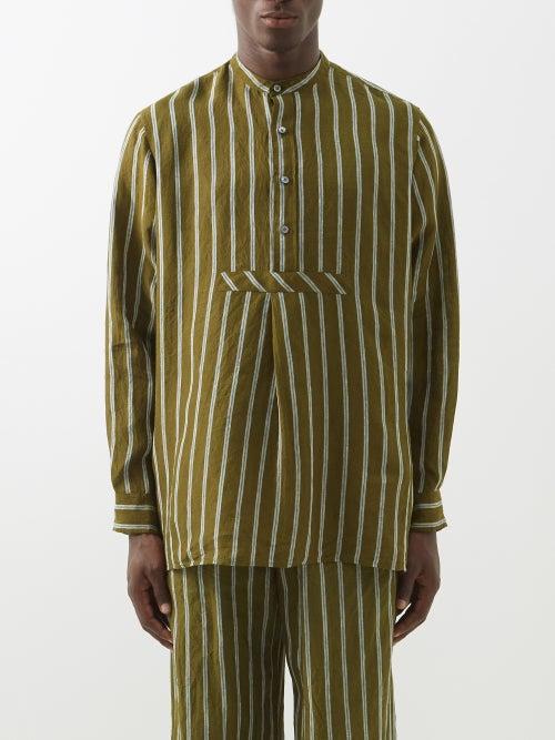 Itoh - Striped Linen-voile Henley Shirt - Mens - Olive