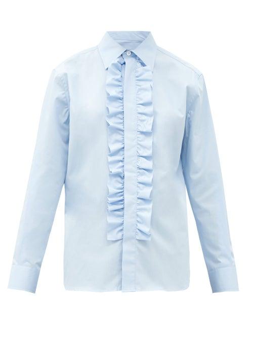 Matchesfashion.com Ami - Jabot Ruffled-placket Cotton-poplin Shirt - Womens - Light Blue