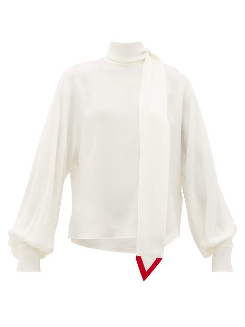 Matchesfashion.com Valentino - V-neck Tie Silk-georgette Blouse - Womens - Ivory
