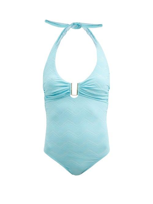 Matchesfashion.com Melissa Odabash - Tampa Halterneck Zigzag-jacquard Swimsuit - Womens - Light Blue