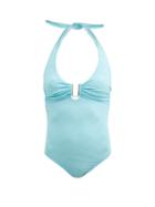 Matchesfashion.com Melissa Odabash - Tampa Halterneck Zigzag-jacquard Swimsuit - Womens - Light Blue