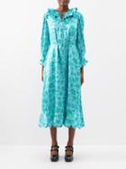 Horror Vacui - Cleo Scalloped-collar Floral-print Silk Dress - Womens - Blue Green