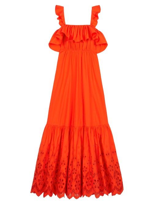 Matchesfashion.com Self-portrait - Flounced Broderie-anglaise Poplin Trapeze Dress - Womens - Orange