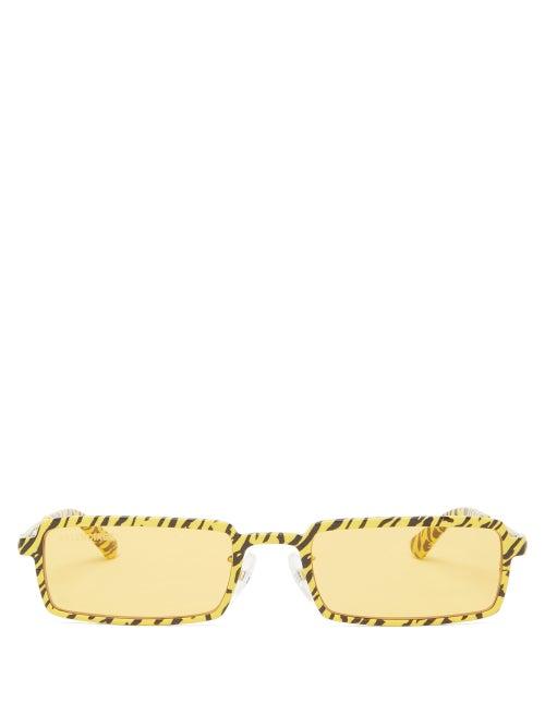 Matchesfashion.com Balenciaga - Rectangular Tiger-print Metal Sunglasses - Womens - Yellow Multi